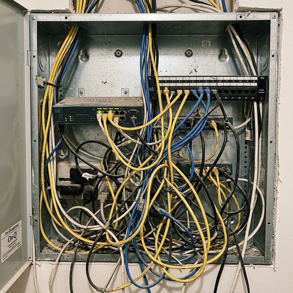 Messy, tangled network cables inside media panel